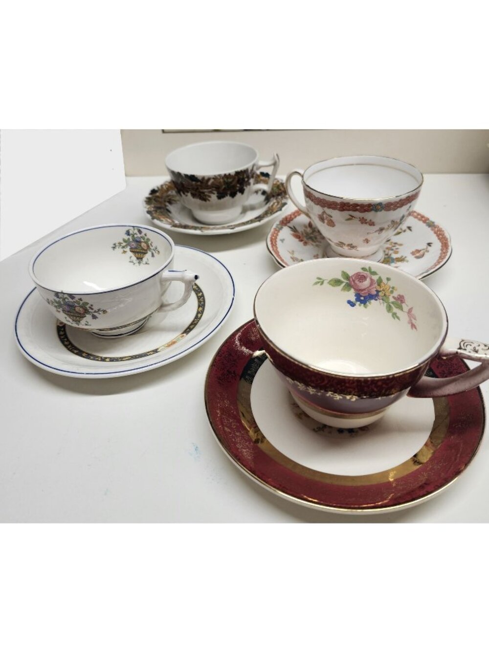 Mismatched China Tea Cups & Saucers Reds 4 Sets Red Neutrals